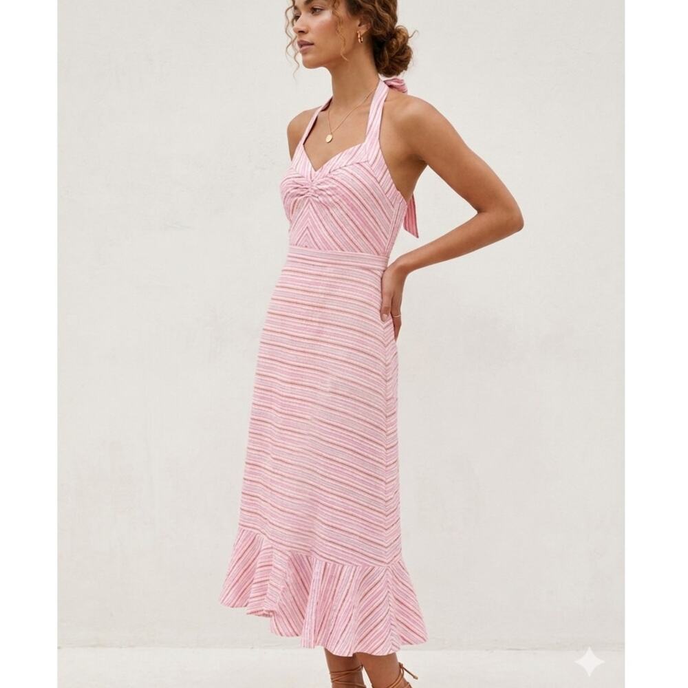 Vntg Anthropologie Odille 100% Cotton Seersucker Pink Multi Stripe Midi Dress 10